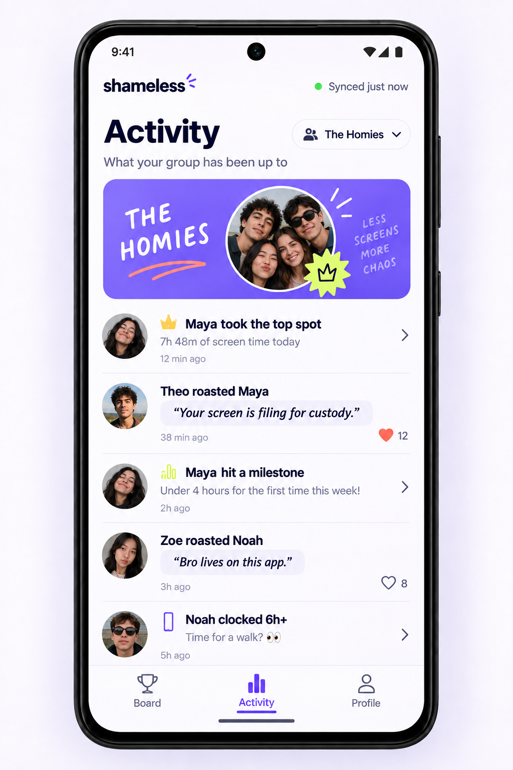 Activity screen with group milestones and roasts