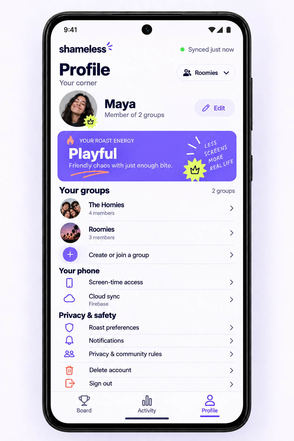 Profile screen with groups and privacy controls